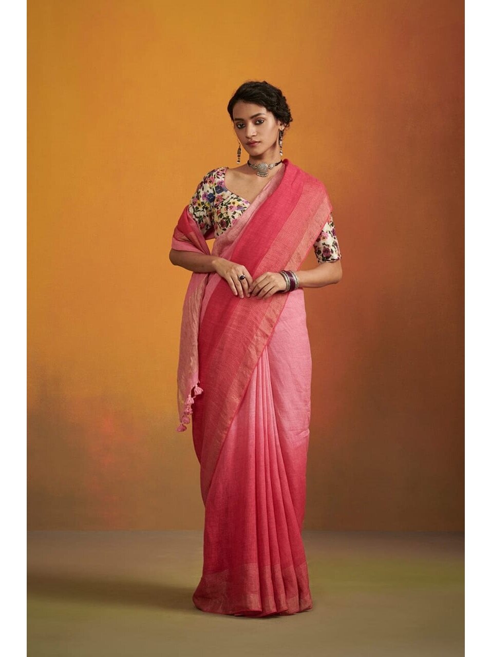 PJMY24A007 Pink Peach Pure Handloom Linen Saree