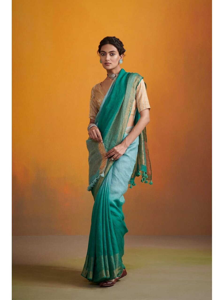 PJMY24A008 Blue Green Pure Handloom Linen Saree