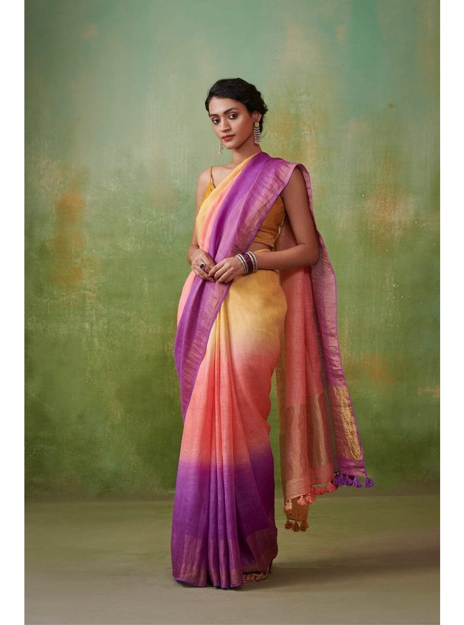 PJMY24A010 Yellow Purple Pure Handloom Linen Saree