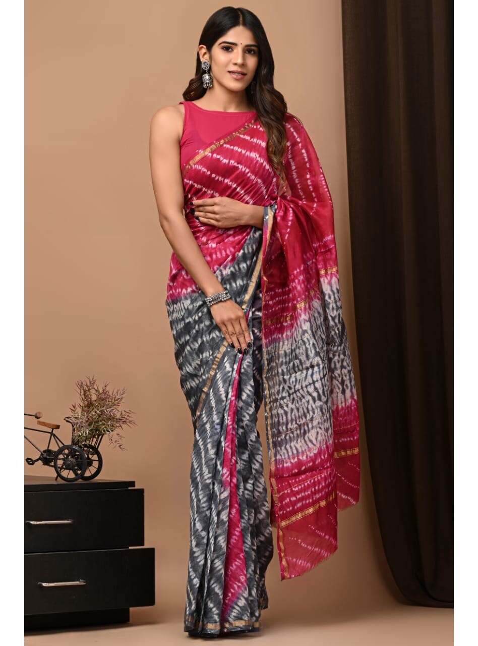 PJMY24A011 Rose Grey Pure HandBlock Printed Chanderi Silk Saree