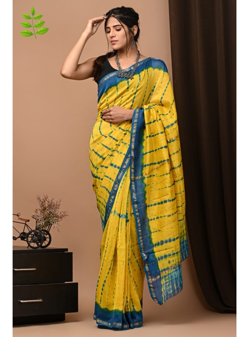 PJMY24A012 Yellow Blue Pure HandBlock Printed Chanderi Silk Saree