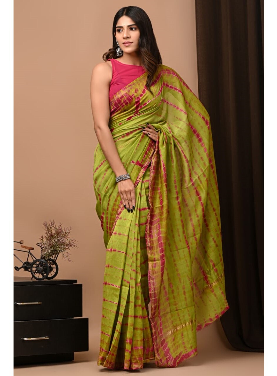 PJMY24A013 Green Rose Pure HandBlock Printed Chanderi Silk Saree