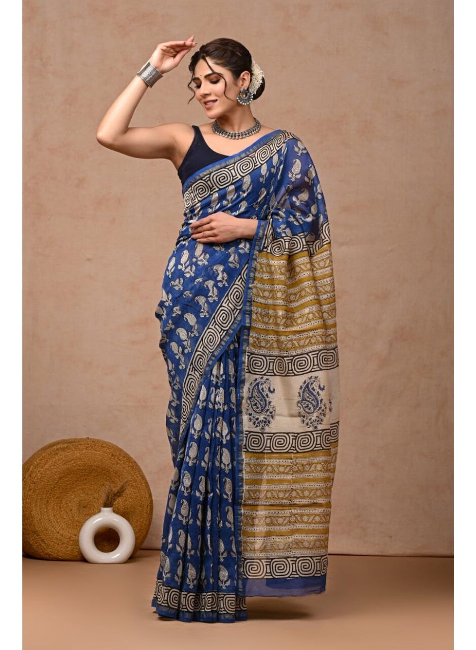 PJMY24A015 Blue Yellow Pure HandBlock Printed Chanderi Silk Saree.