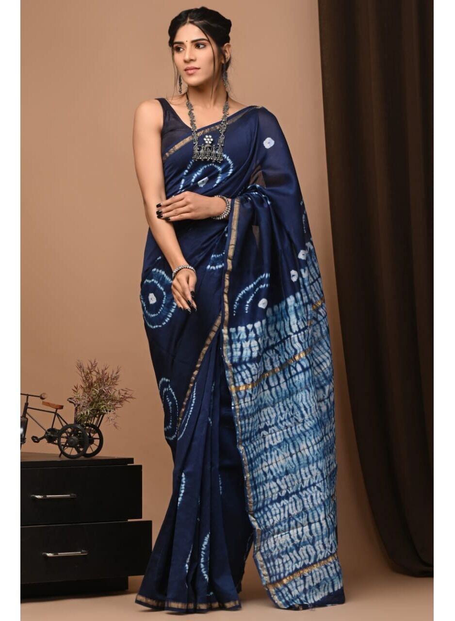 PJMY24A016 Blue White Pure HandBlock Printed Chanderi Silk Saree