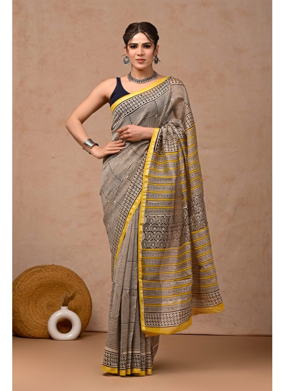 PJMY24A019 Black Yellow Pure HandBlock Printed Chanderi Silk Saree