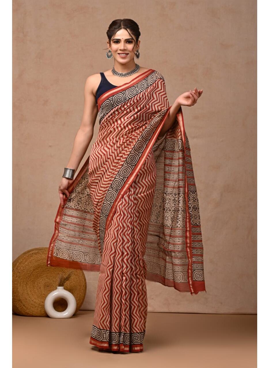 PJMY24A020 Red Black Pure HandBlock Printed Chanderi Silk Saree