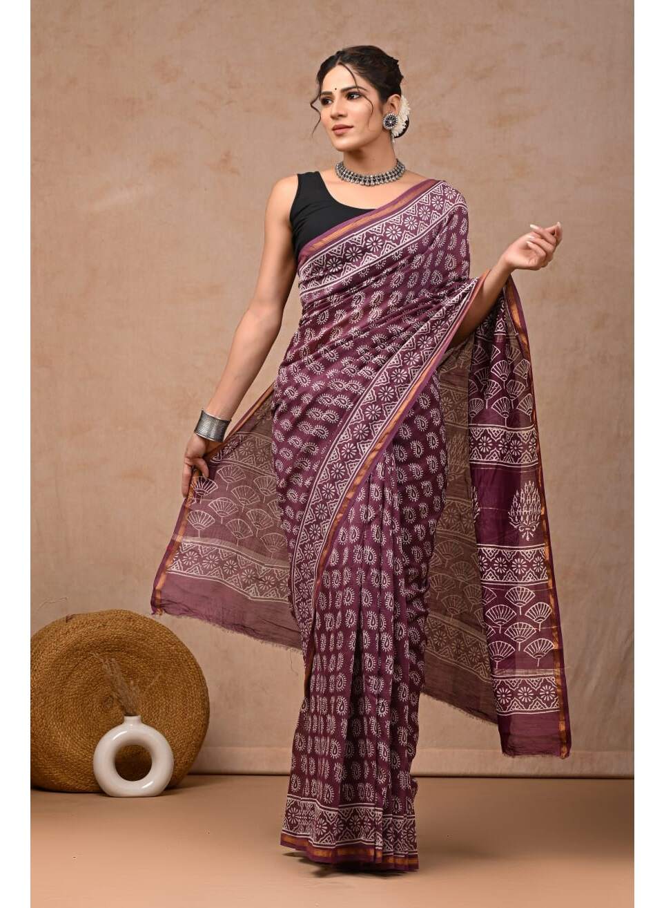 PJMY24A022 Purple White Pure HandBlock Printed Chanderi Silk Saree