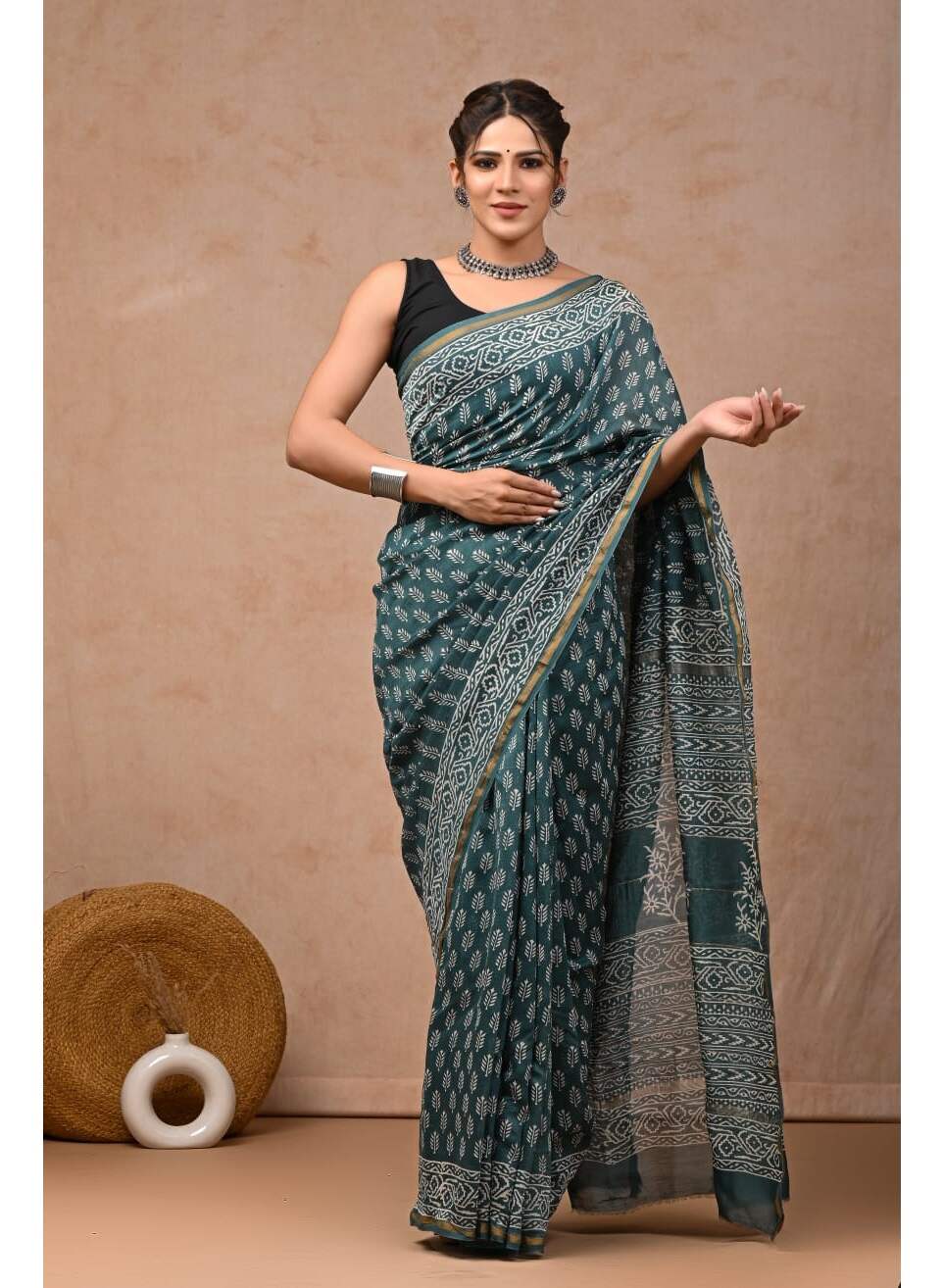 PJMY24A023 Blue White Pure HandBlock Printed Chanderi Silk Saree