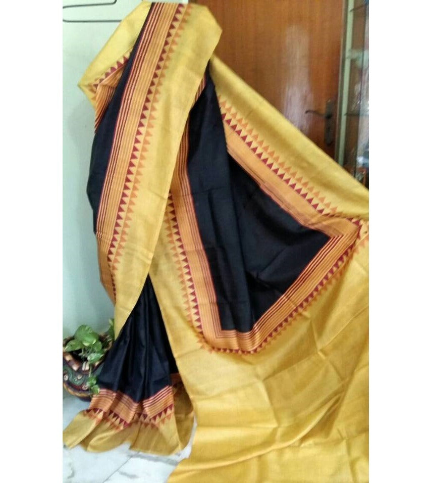 PJNV19B002 Black Yellow HandBlock Print Bishnupuri Silk Saree