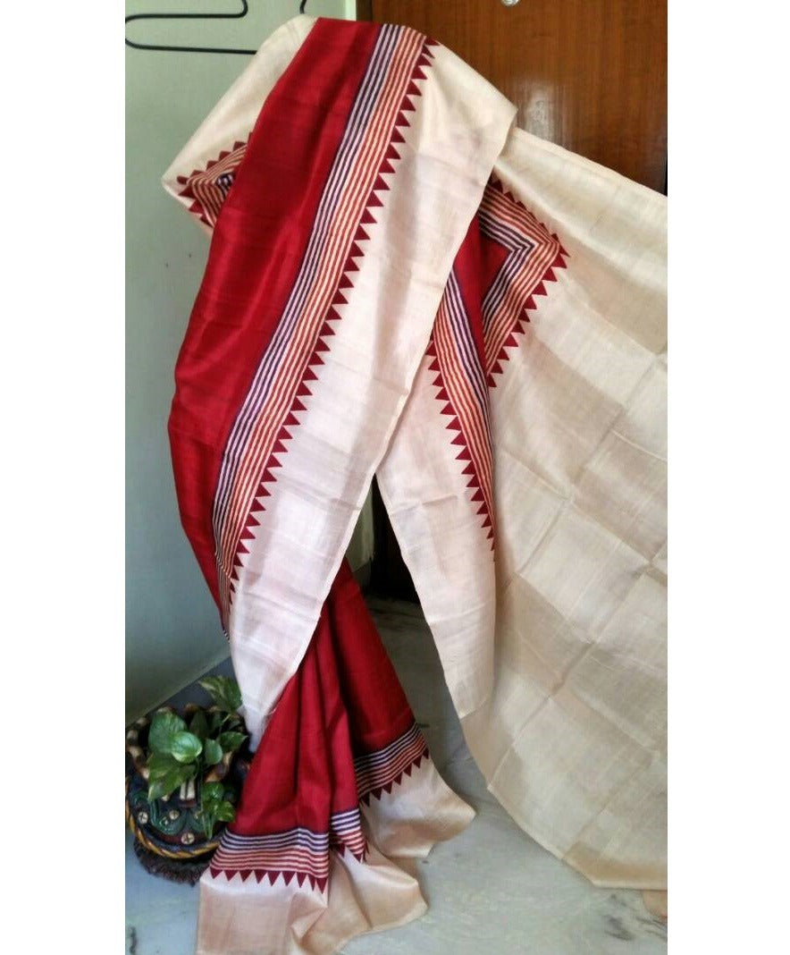 PJNV19B003 Red White HandBlock Print Bishnupuri Silk Saree