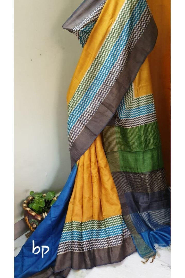 PJNV19B105 Yellow Green HandBlock Print Bishnupuri Silk Saree