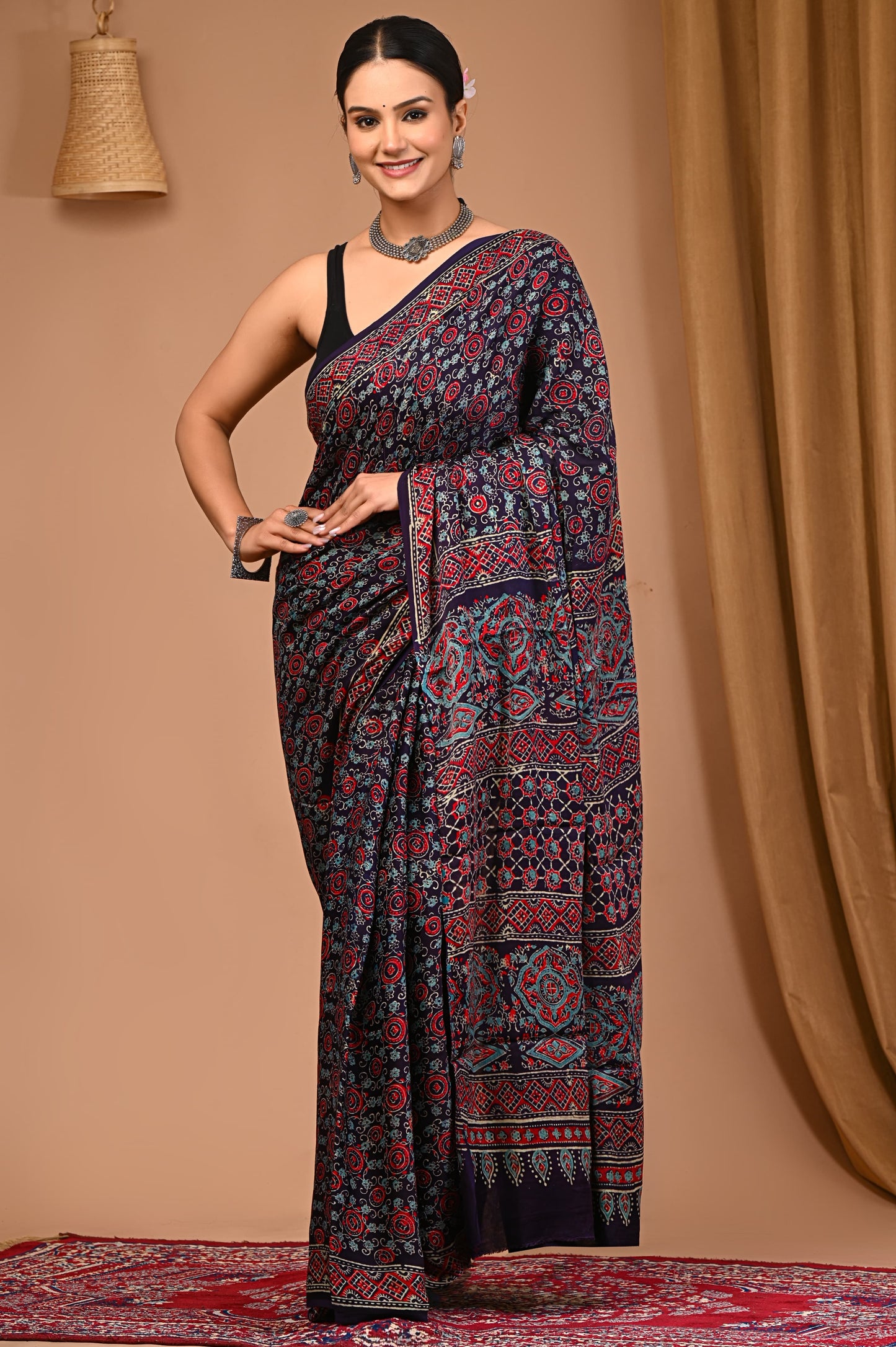 PJNV25A001 Dark Navy Blue pure block print Modal silk saree