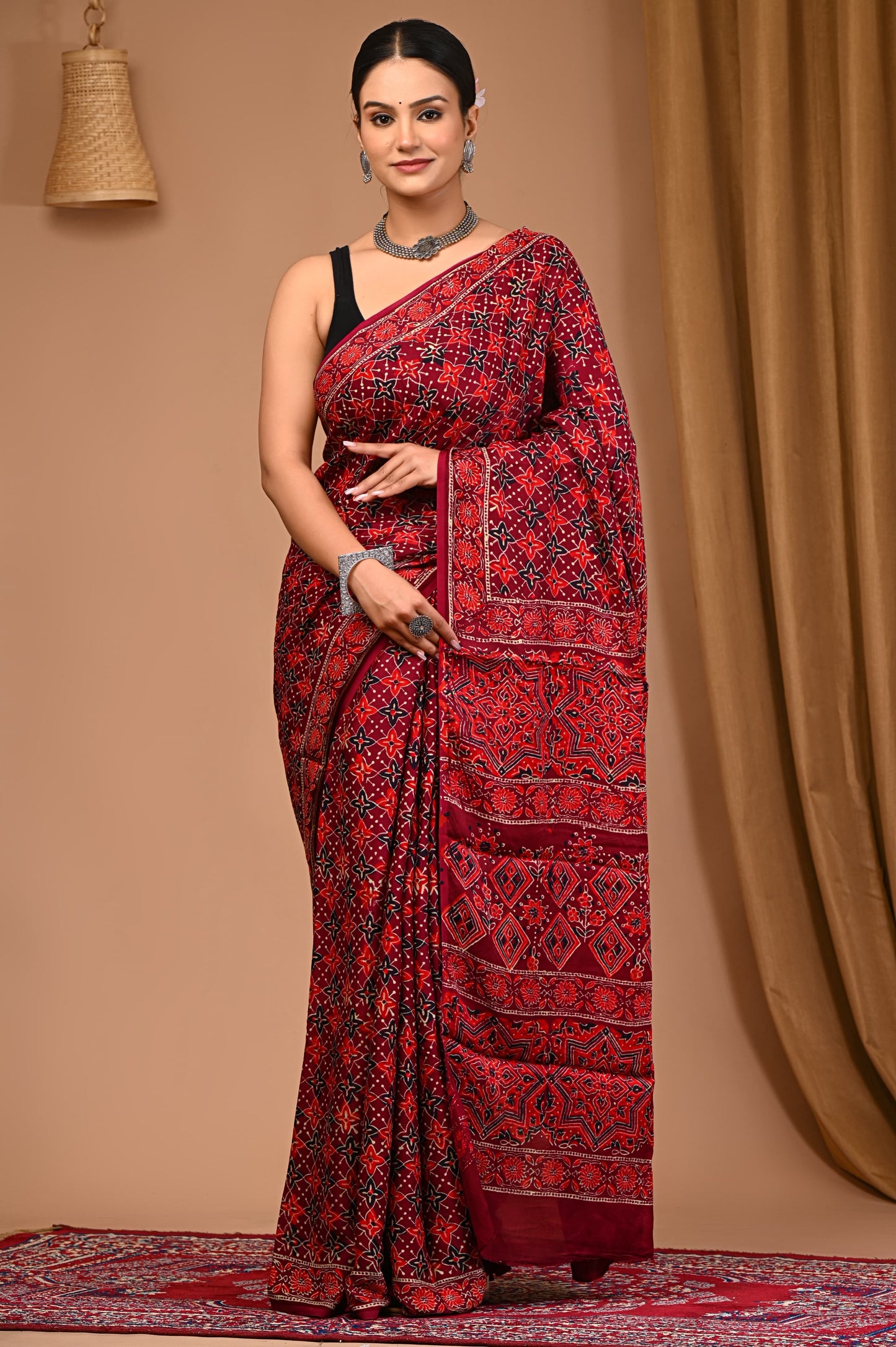 PJNV25A005 Maroonish Red Pure Block Print Modal Silk Saree