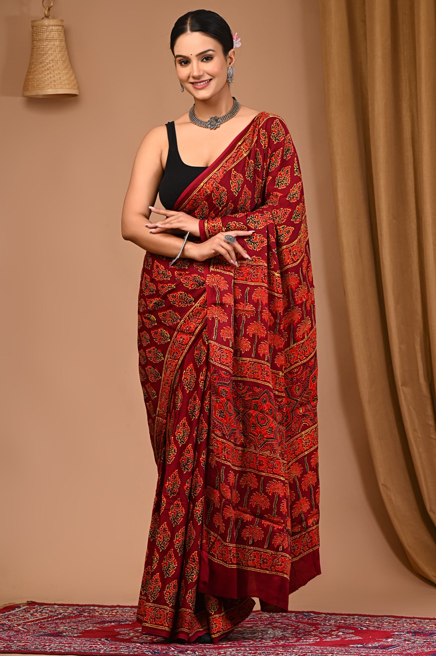 PJNV25A006 Maroon Pure Block Print Modal Silk Saree