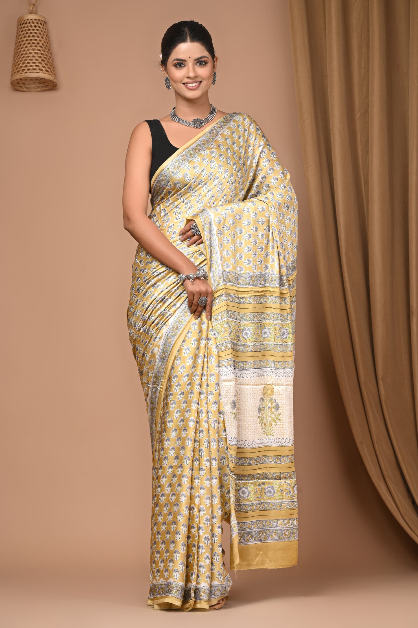PJNV25A013 Golden Yellow Pure Block Print Modal Silk Saree