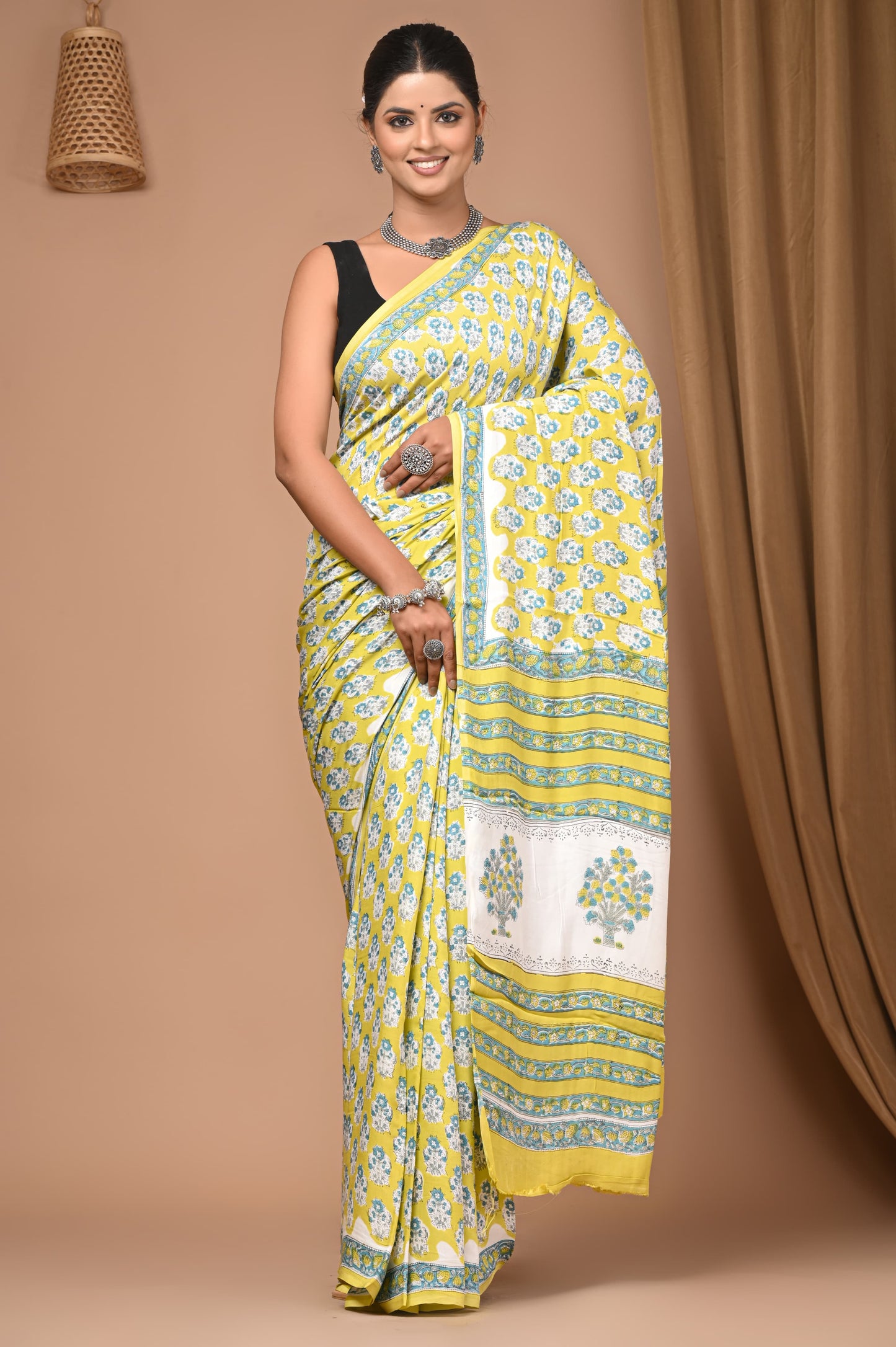 PJNV25A015 Yellow Pure Block Print Modal Silk Saree