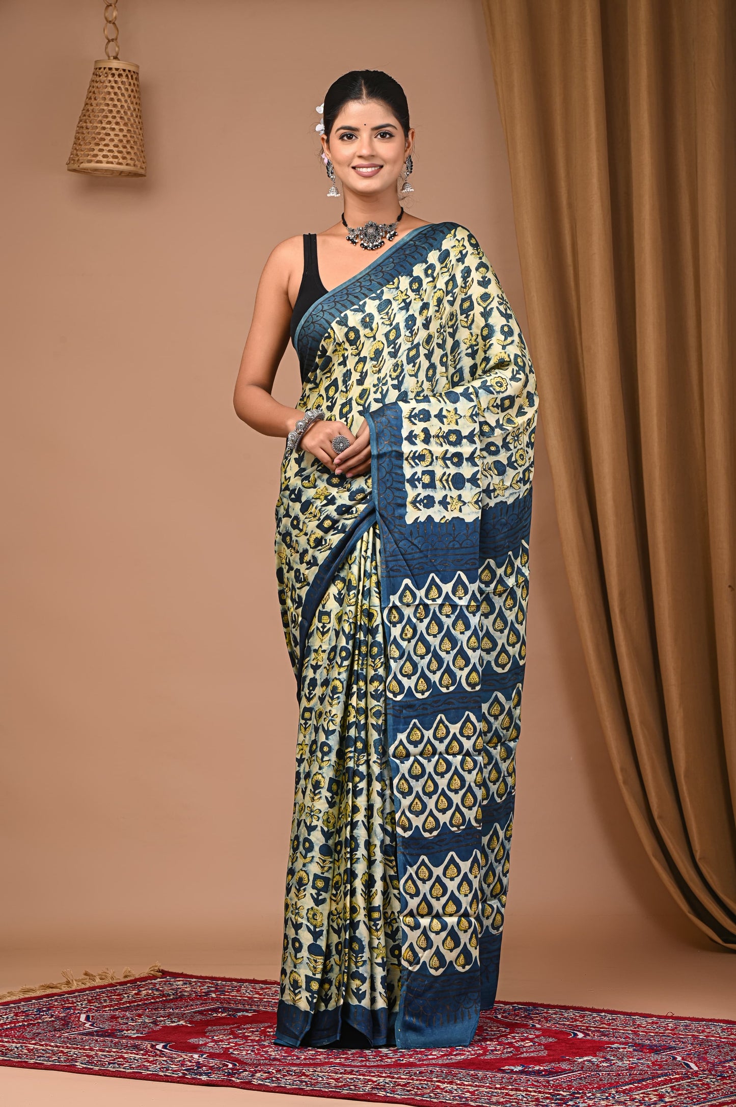 PJNV25A021 Beige Pure Block Print Modal Silk Saree