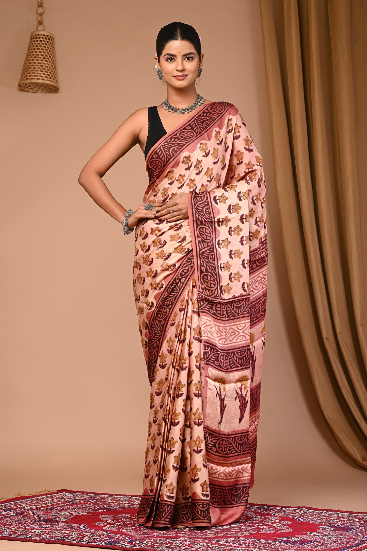 PJNV25A029 Beige Pure Block Print Modal Silk Saree