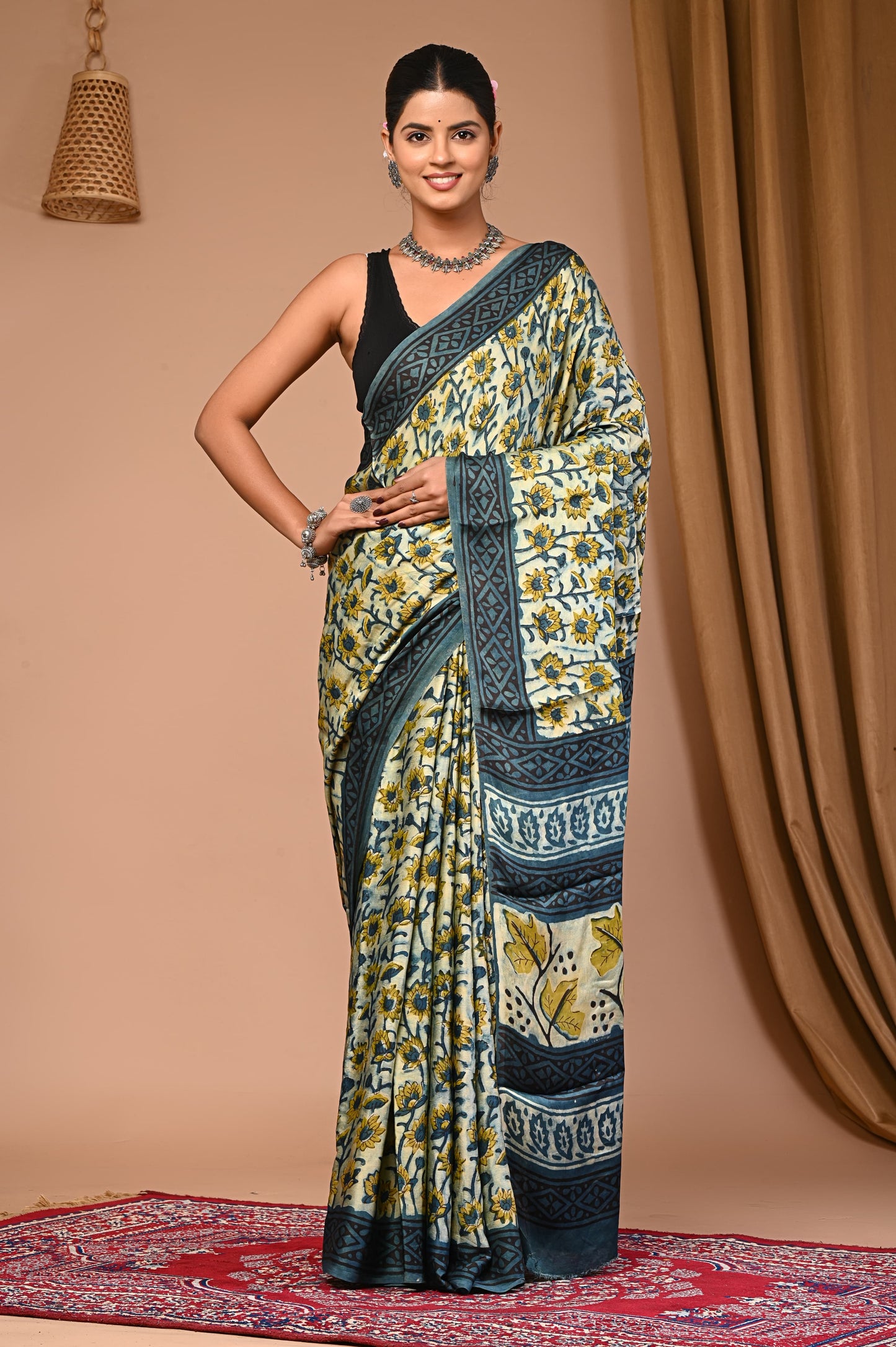 PJNV25A031 Beige Pure Block Print Modal Silk Saree