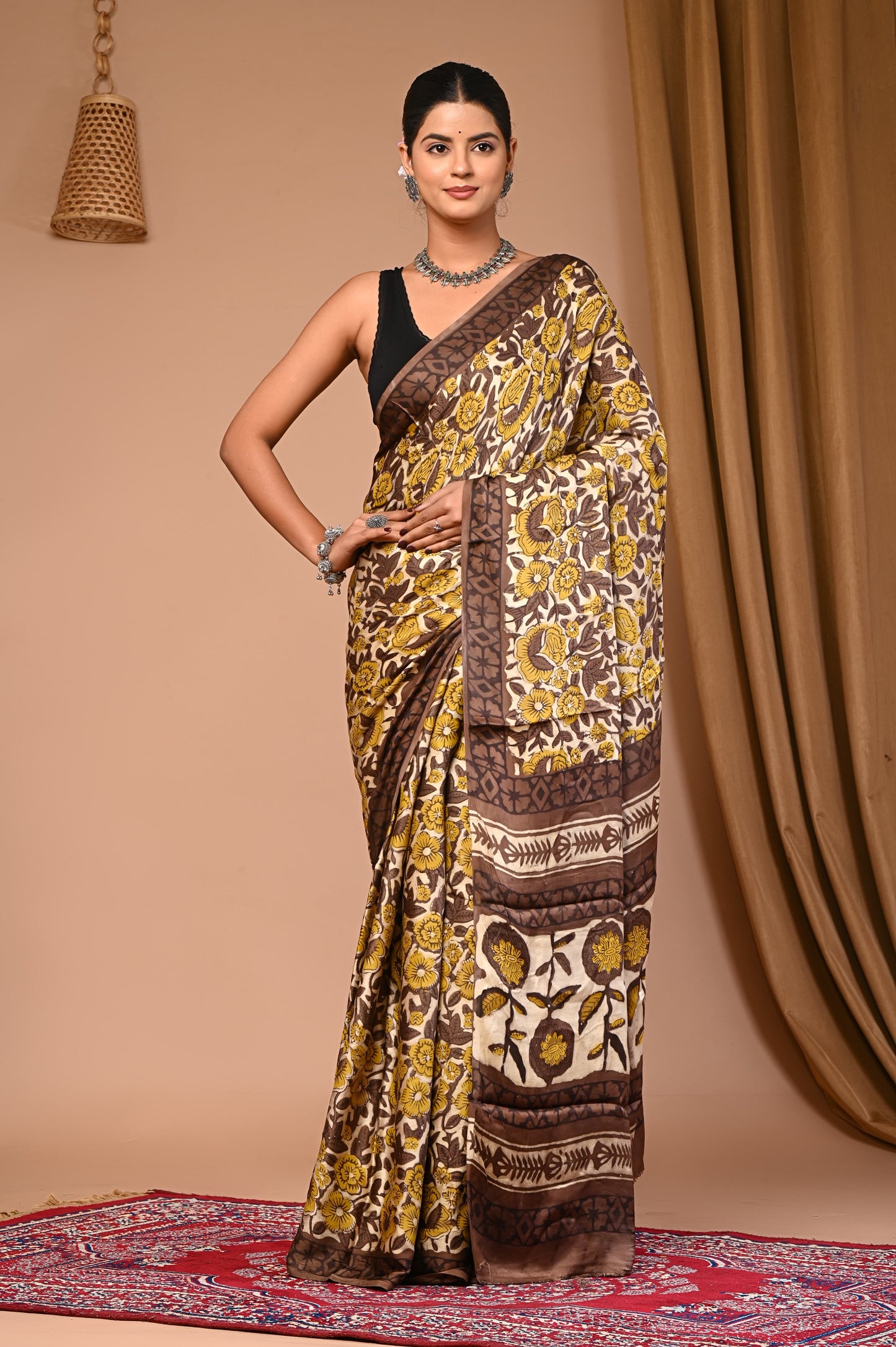 PJNV25A033 Beige Pure block print modal silk saree