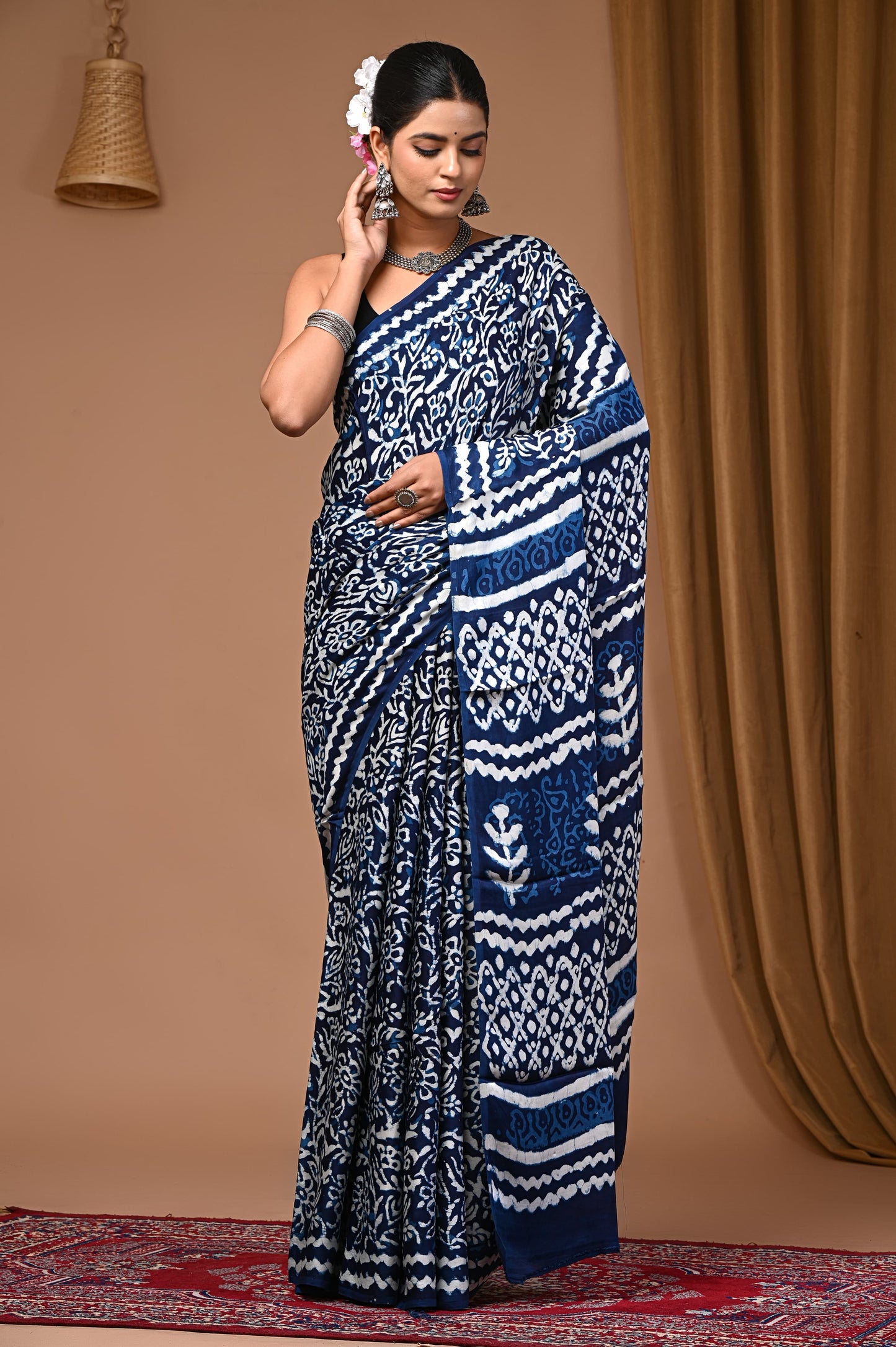 PJNV25A048 Vibrant Blue Pure Block Print Modal Silk Saree