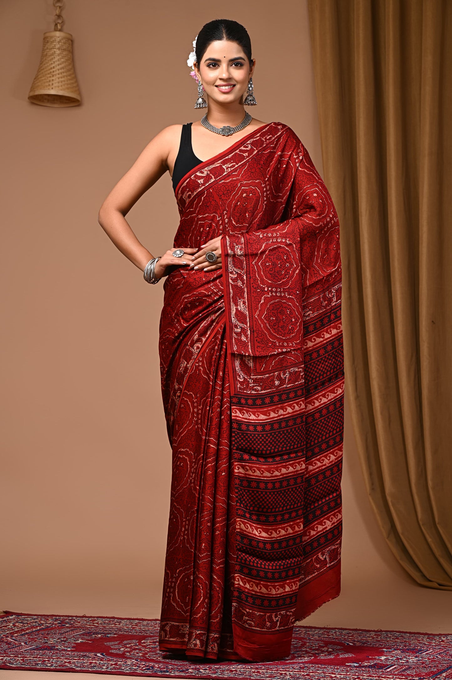 PJNV25A049 Wine Red Pure Block Print Modal Silk Saree