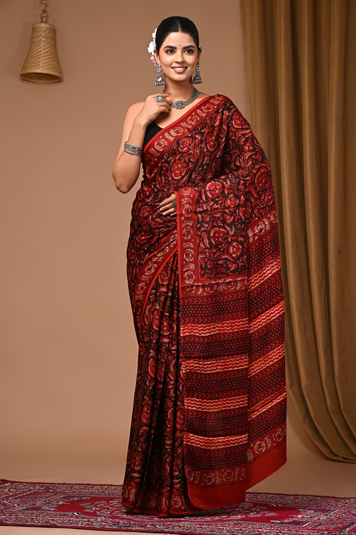 PJNV25A056 Brick Red Pure Block Print Modal Silk Saree