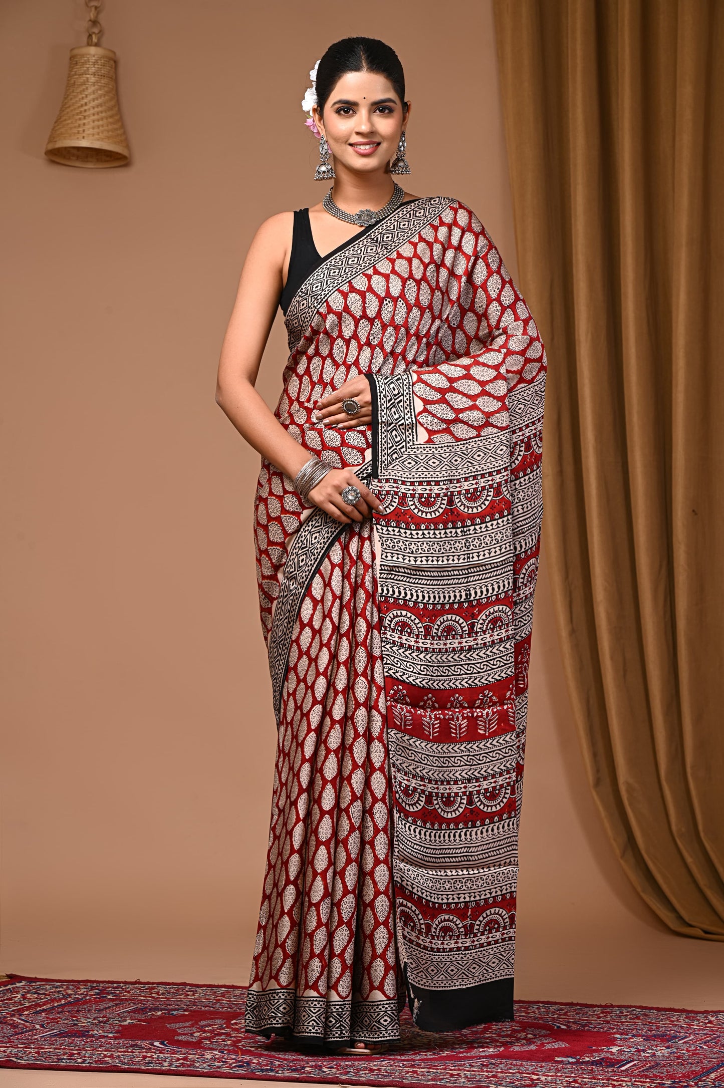 PJNV25A058 Maroon Pure Block Print Modal Silk Saree