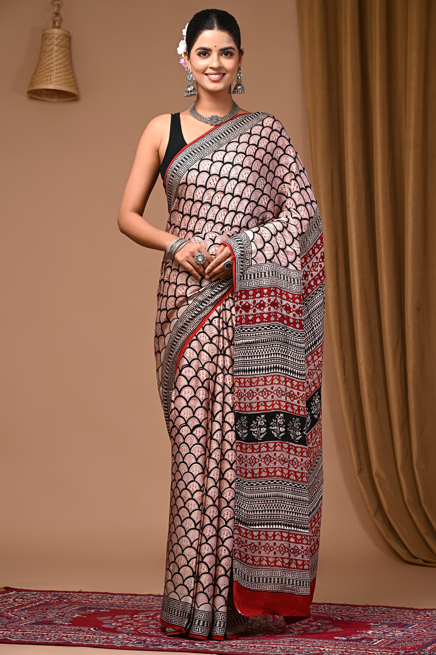 PJNV25A059 Pinkish Pure Block Print Modal Silk Saree