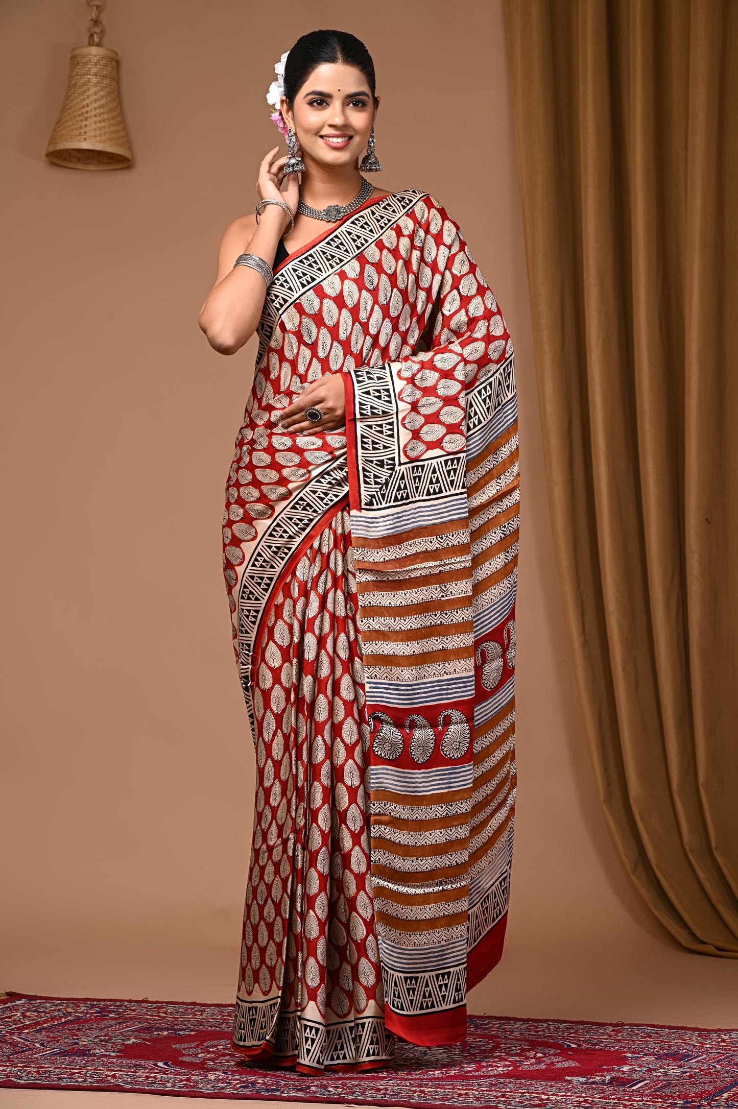 PJNV25A061 Rust Red Pure Block Print Modal Silk Saree