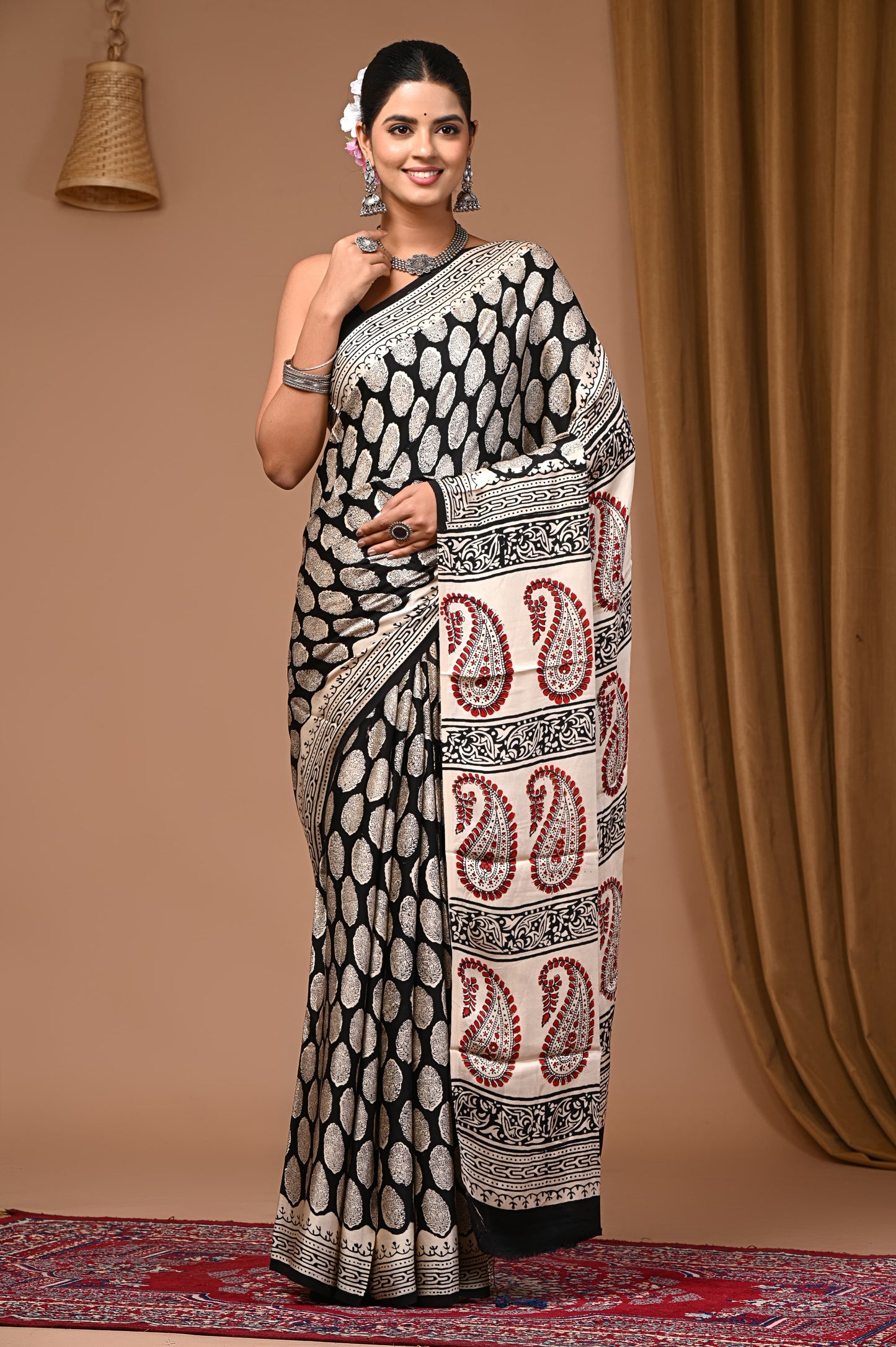 PJNV25A065 Black Pure Block Print Modal Silk Saree