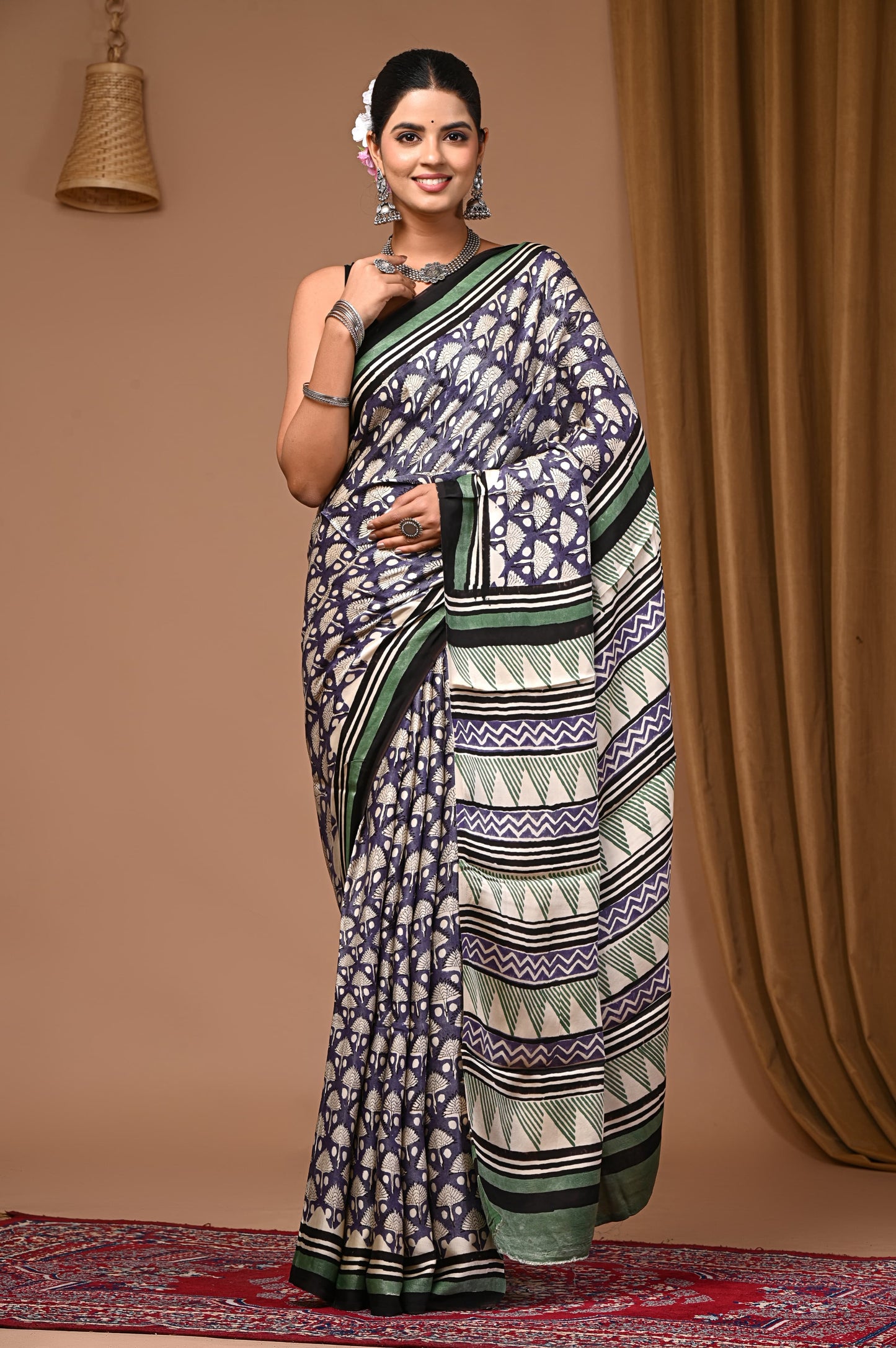 PJNV25A069 Lavender Pure Block Print Modal Silk Saree