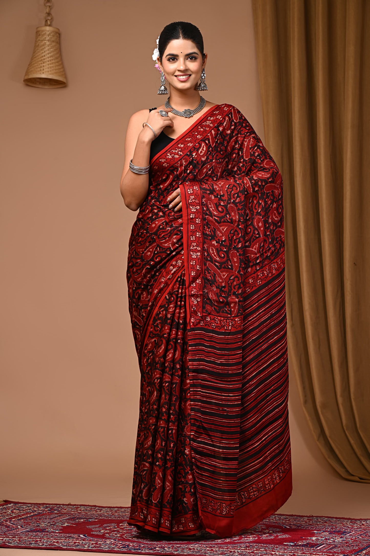 PJNV25A070 Red Pure Block Print Modal Silk Saree
