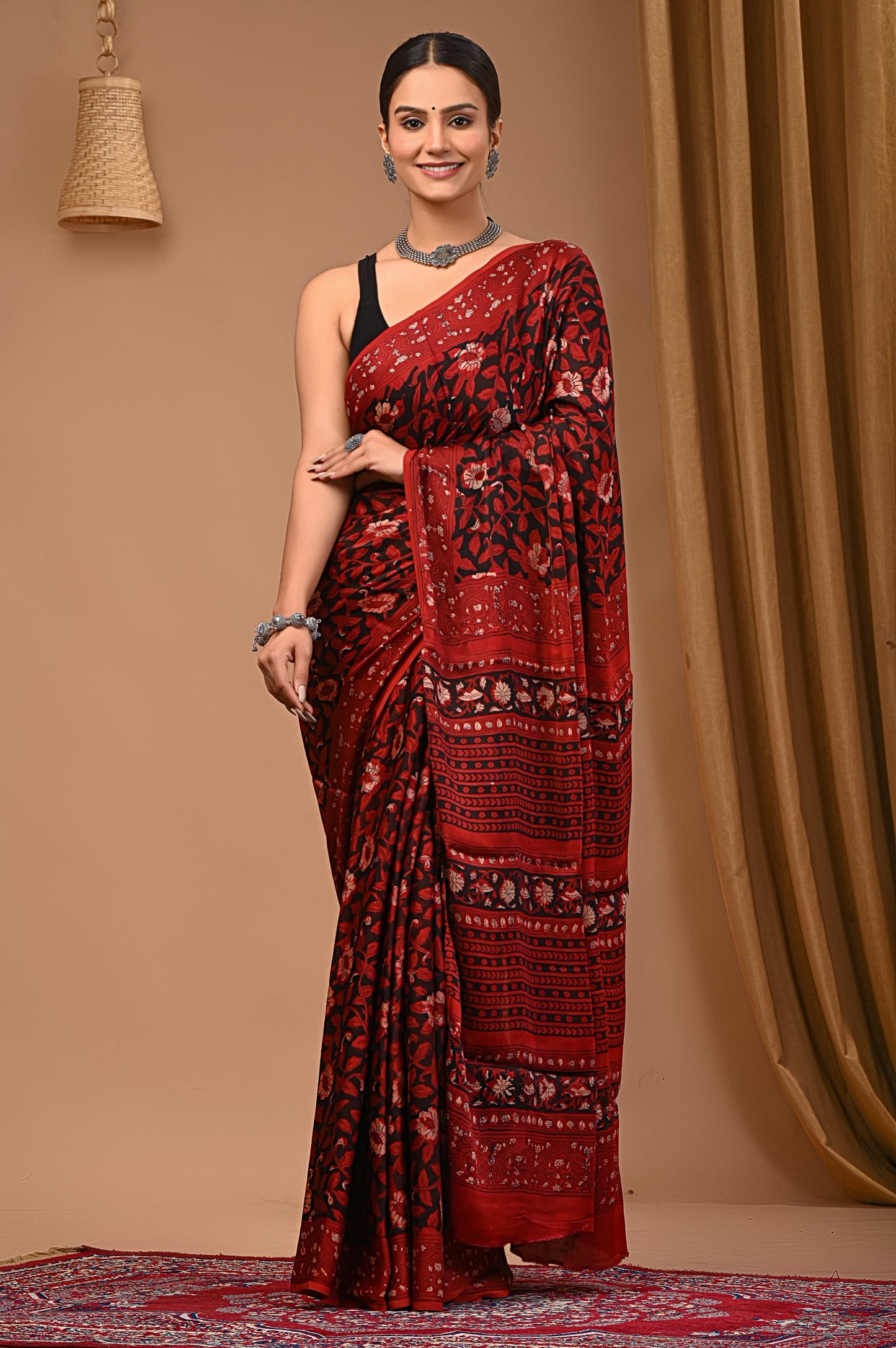 PJNV25A072 Red Pure Block Print Modal Silk Saree