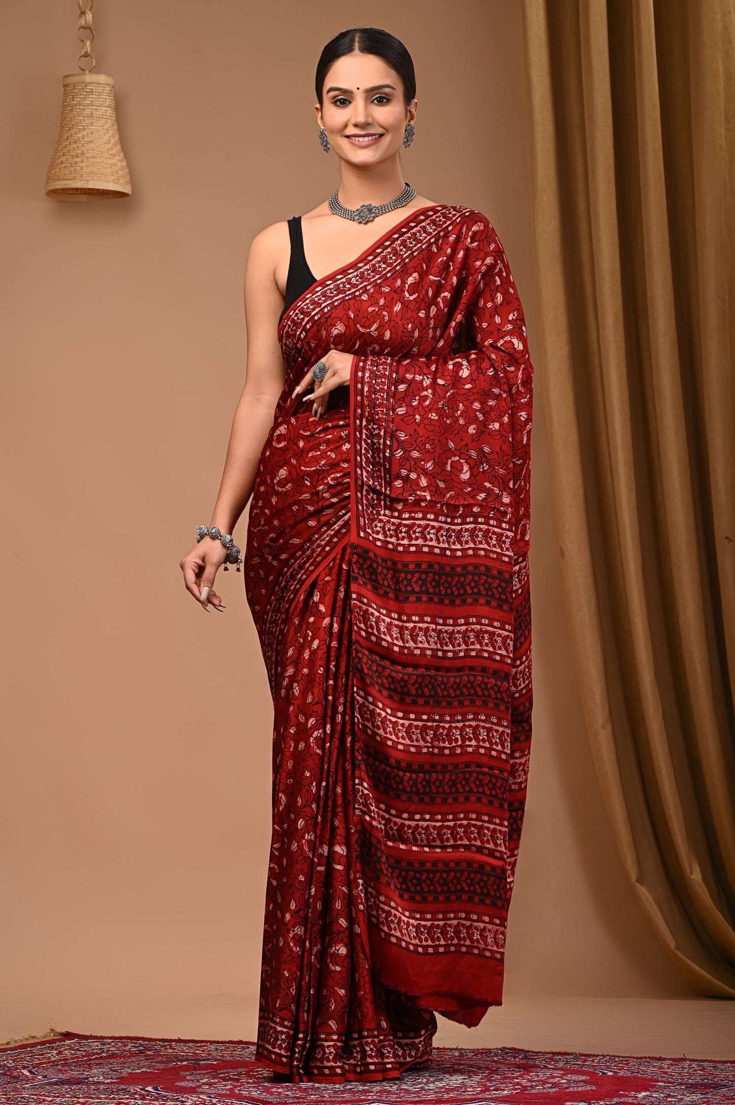 PJNV25A074 Red Pure Block Print Modal Silk Saree