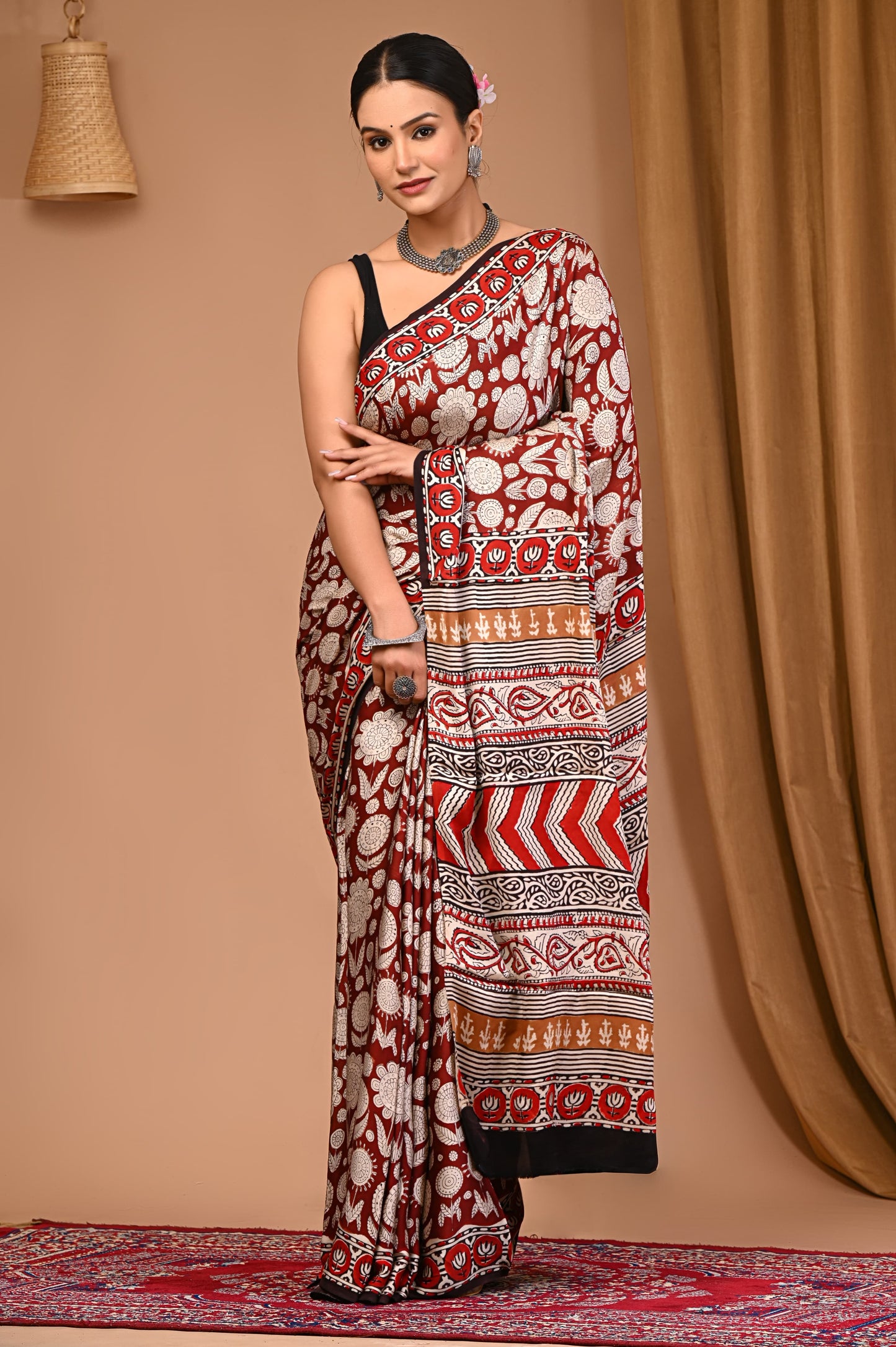 PJNV25A078 Maroon Pure Block Print Modal Silk Saree