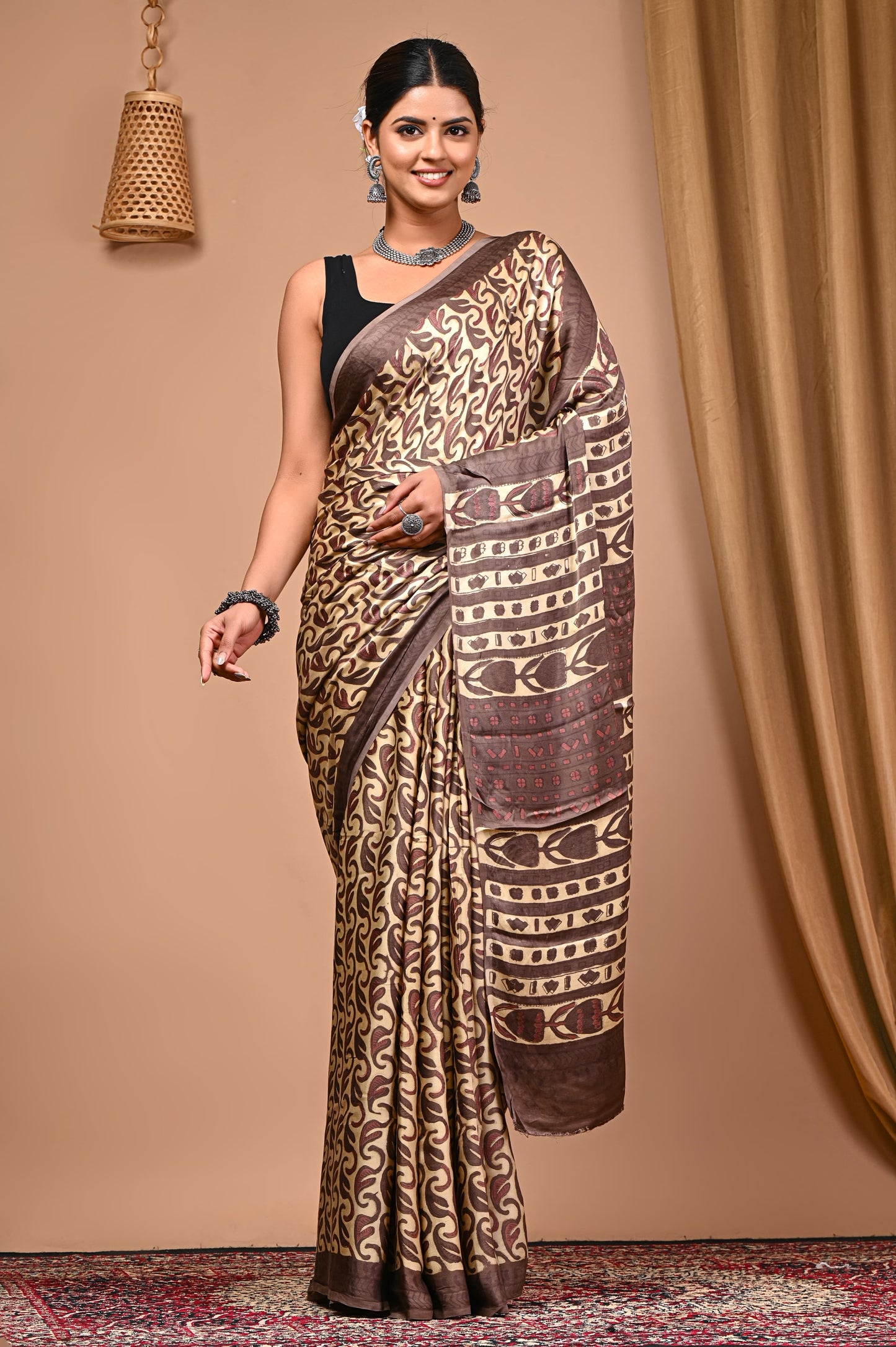 PJNV25A079 Beige Pure Block Print Modal Silk Saree