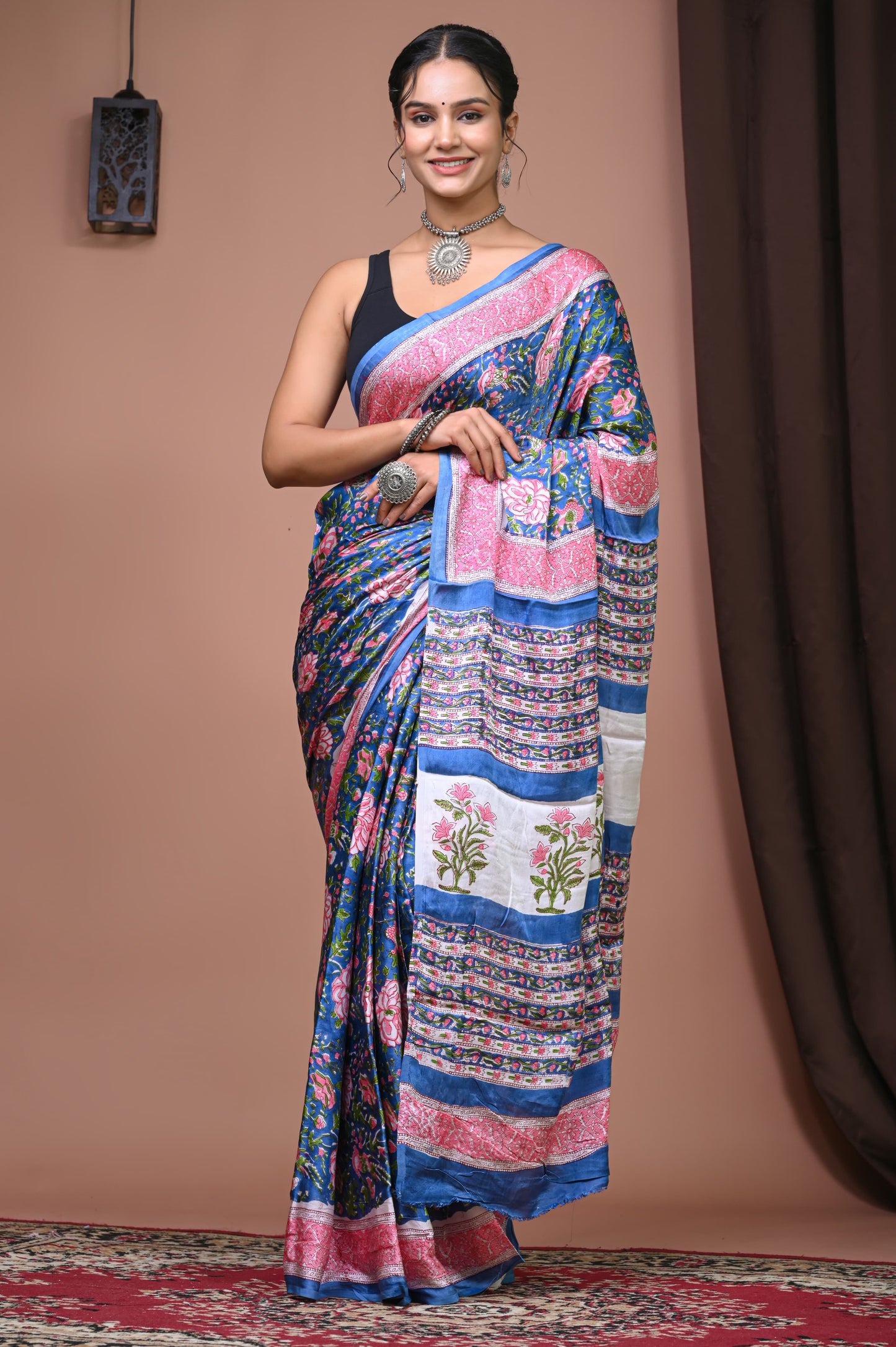 PJNV25A084 Blue Pure Block Print Modal Silk Saree