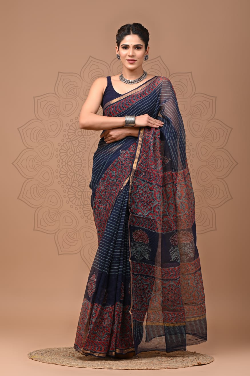 PJNV25A092 Navy Blue Pure Block Print Kota Doria Saree