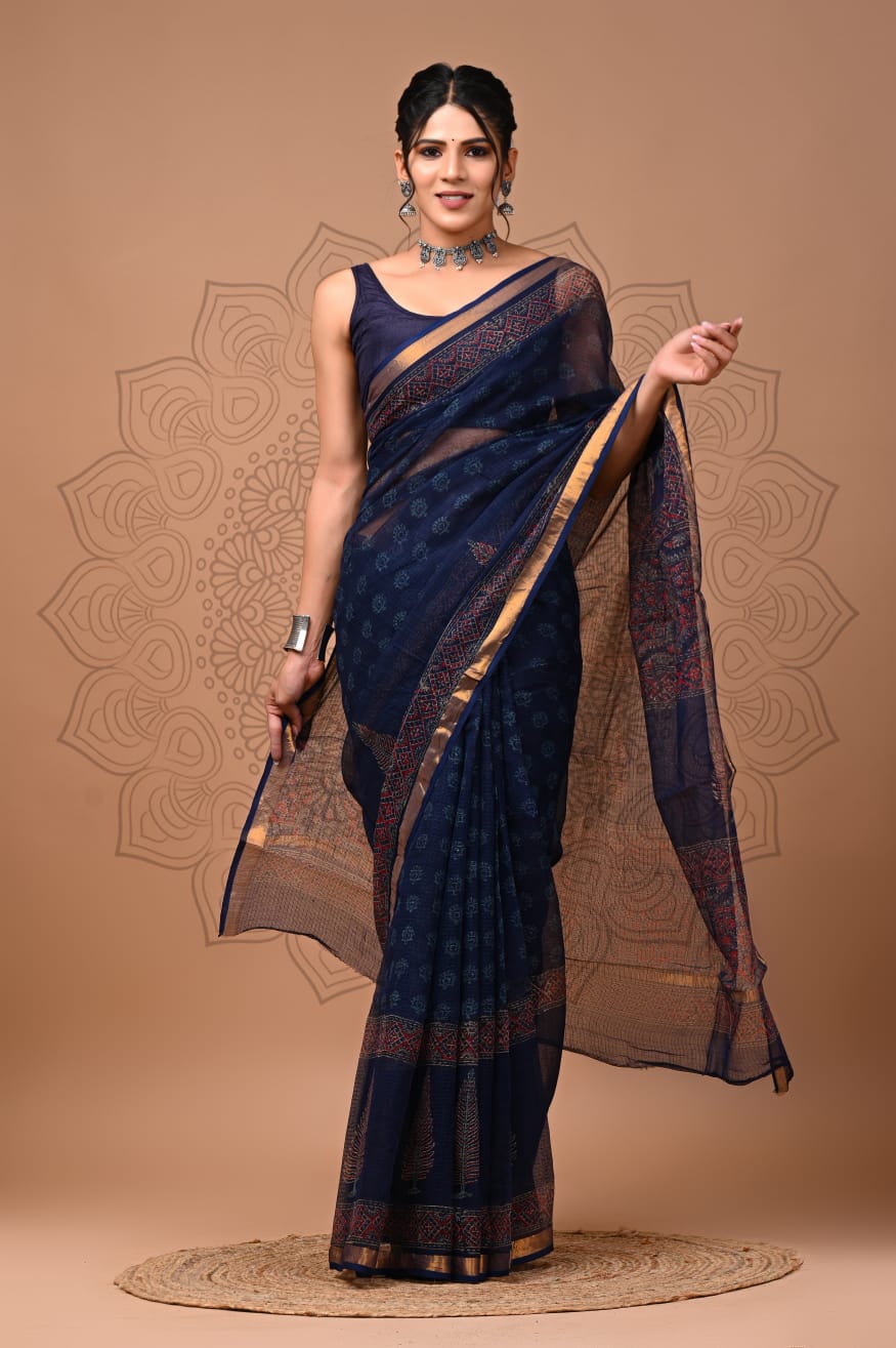 PJNV25A093 Navy Blue Pure Block Print Kota Doria Saree