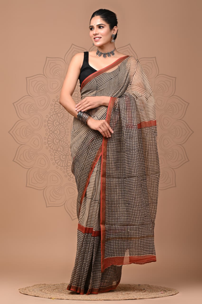 PJNV25A094 Beige Pure Block Print Kota Doria Saree