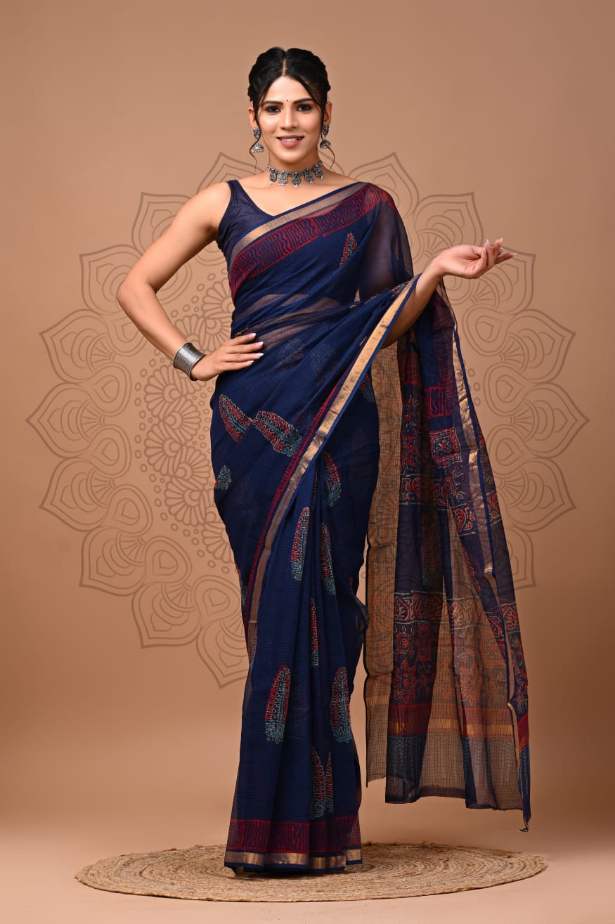 PJNV25A095 Navy Blue Pure Block Print Kota Doria Saree