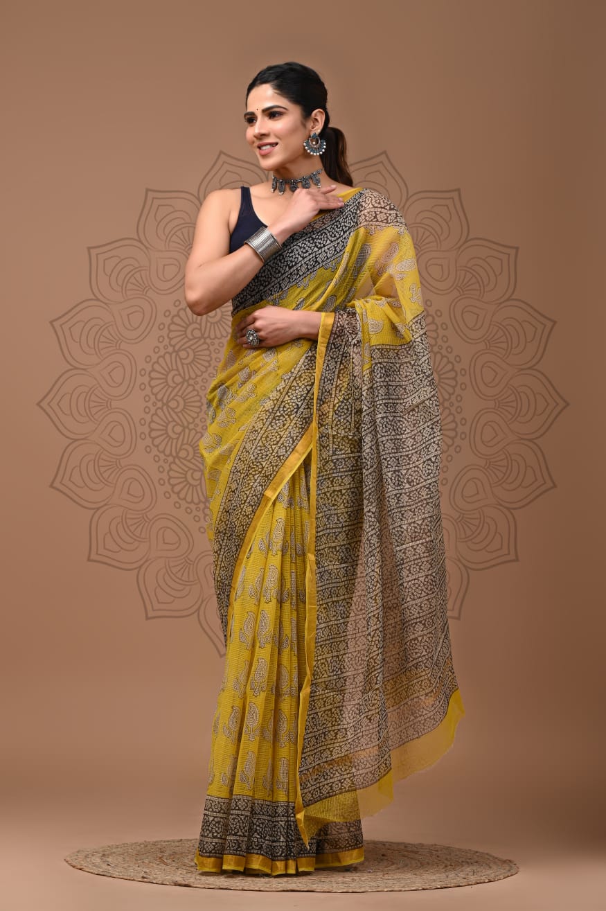 PJNV25A096 Mustard Yellow Pure Block Print Kota Doria Saree