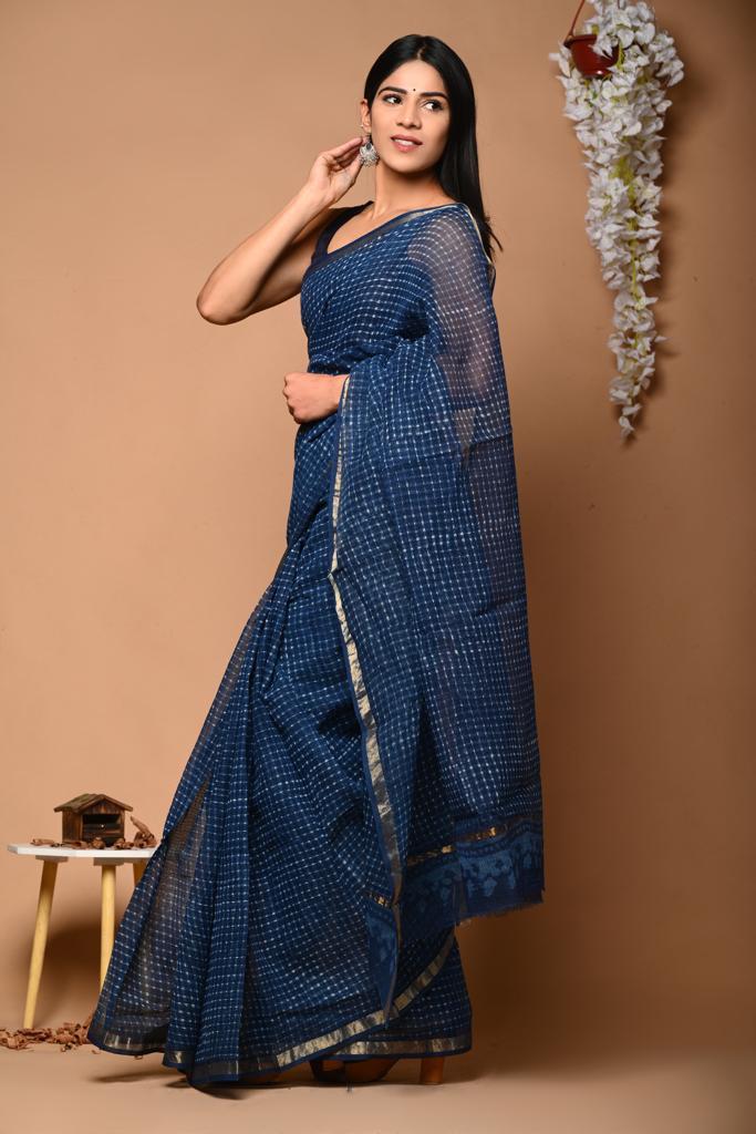 PJNV25A098 Navy Blue Pure Block Print Kota Doria Saree