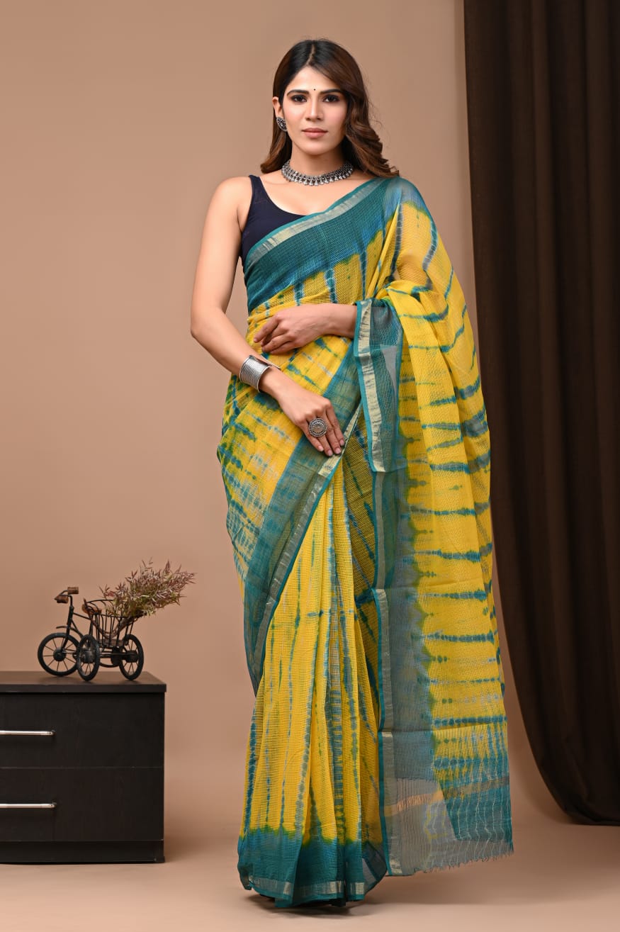 PJNV25A099 Mustard Yellow Pure Block Print Kota Doria Saree