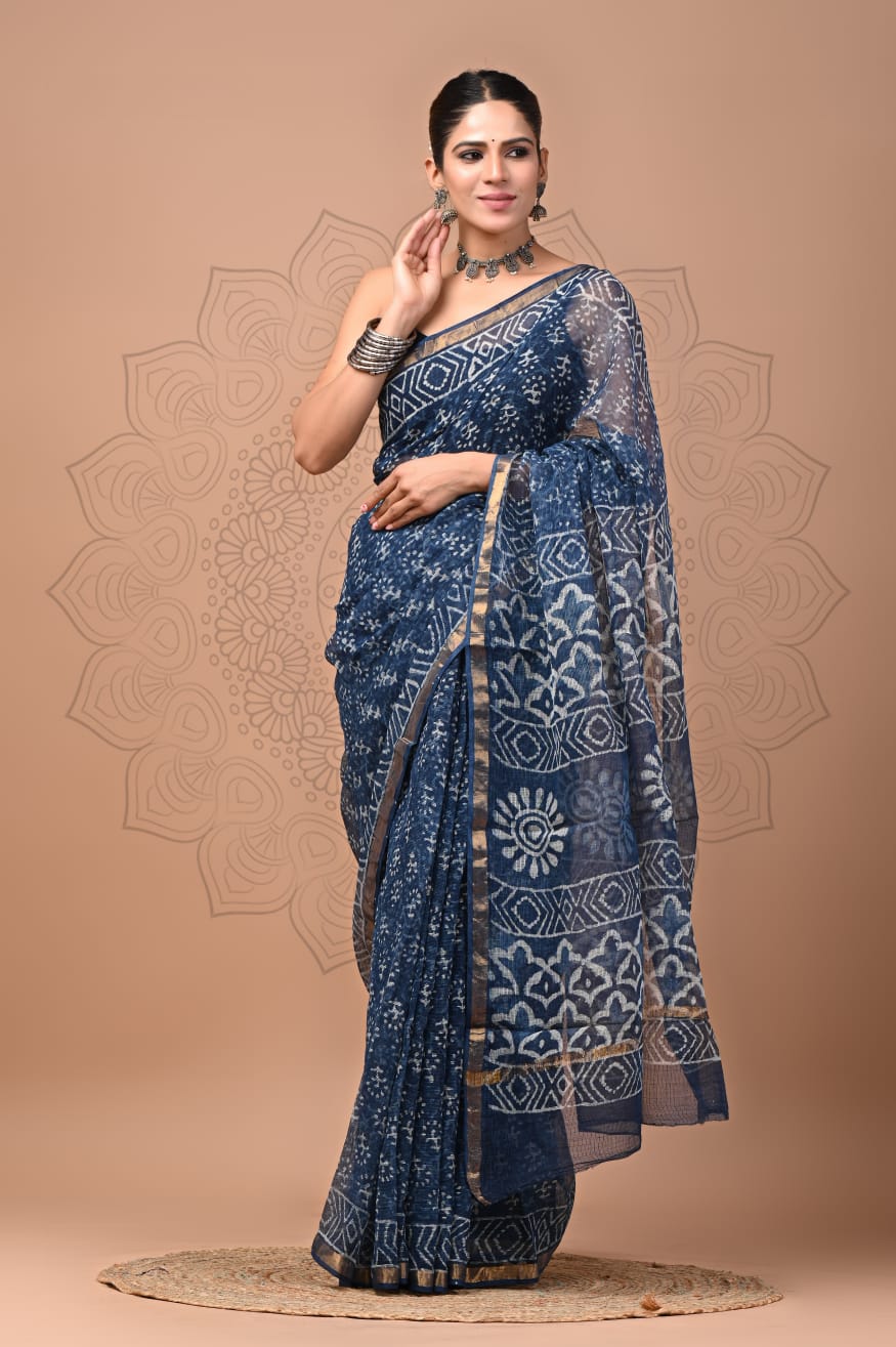PJNV25A110 Navy Blue Pure Block Print Kota Doria Saree