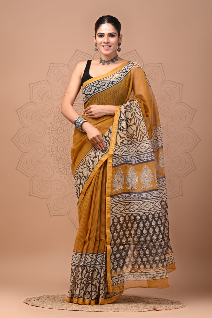 PJNV25A113 Mustard Yellow Pure Block Print Kota Doria Saree