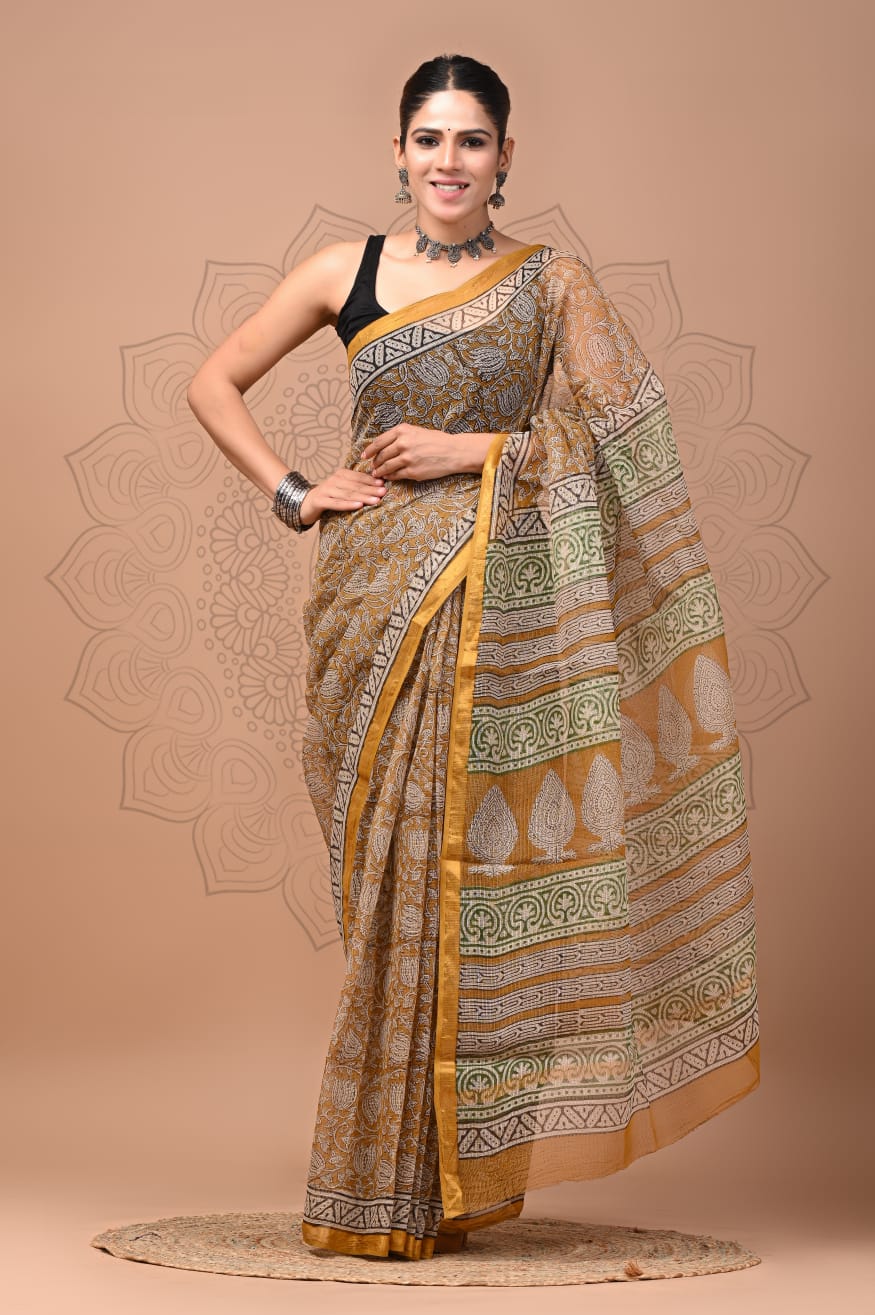 PJNV25A114 Ocher Pure Block Print Kota Doria Saree