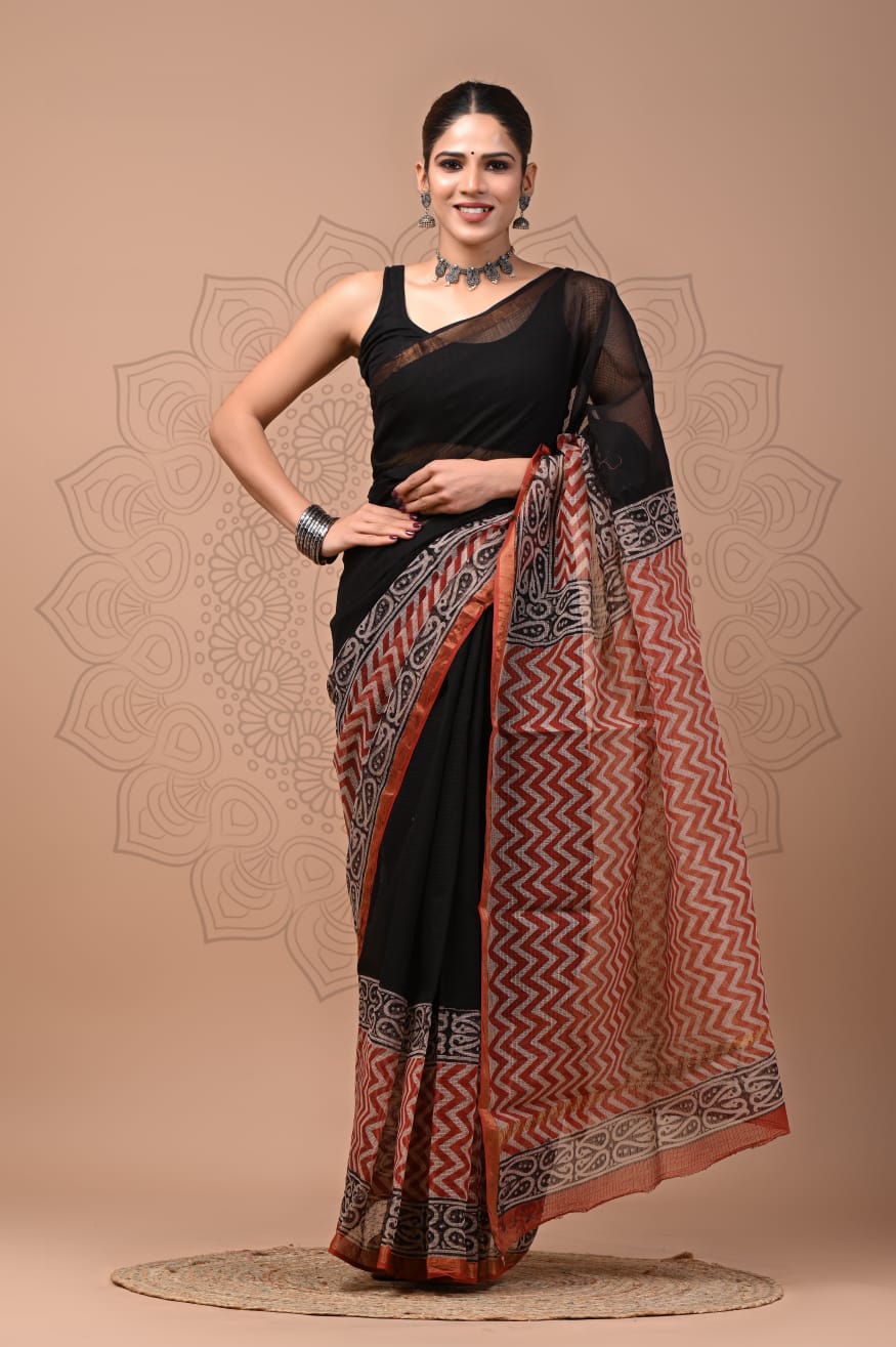 PJNV25A126 Black Pure Block Print Kota Doria Saree