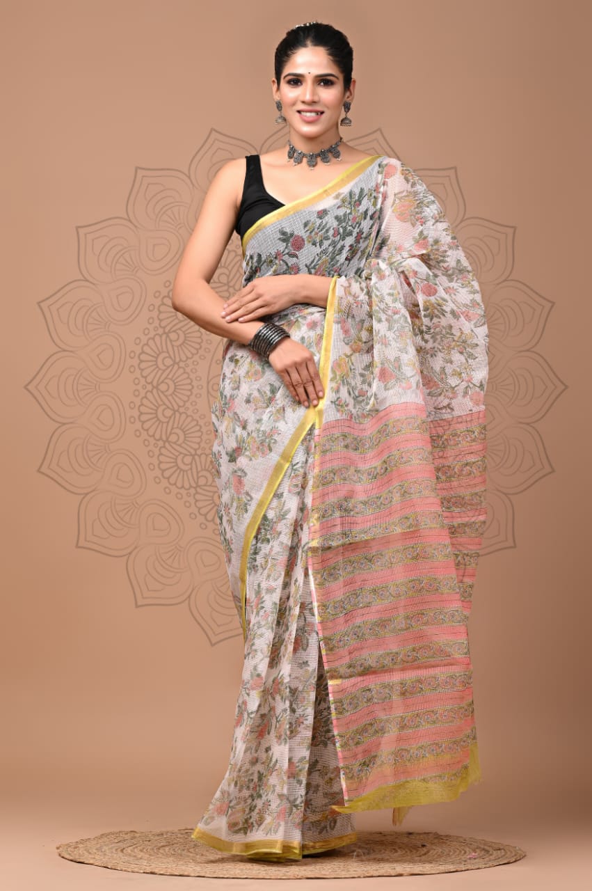 PJNV25A127 Off-White Pure Block Print Kota Doria Saree